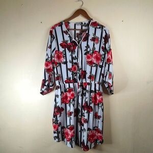 J for Justify Black Stripped Front Zipper Rose Petal Dress 2XL